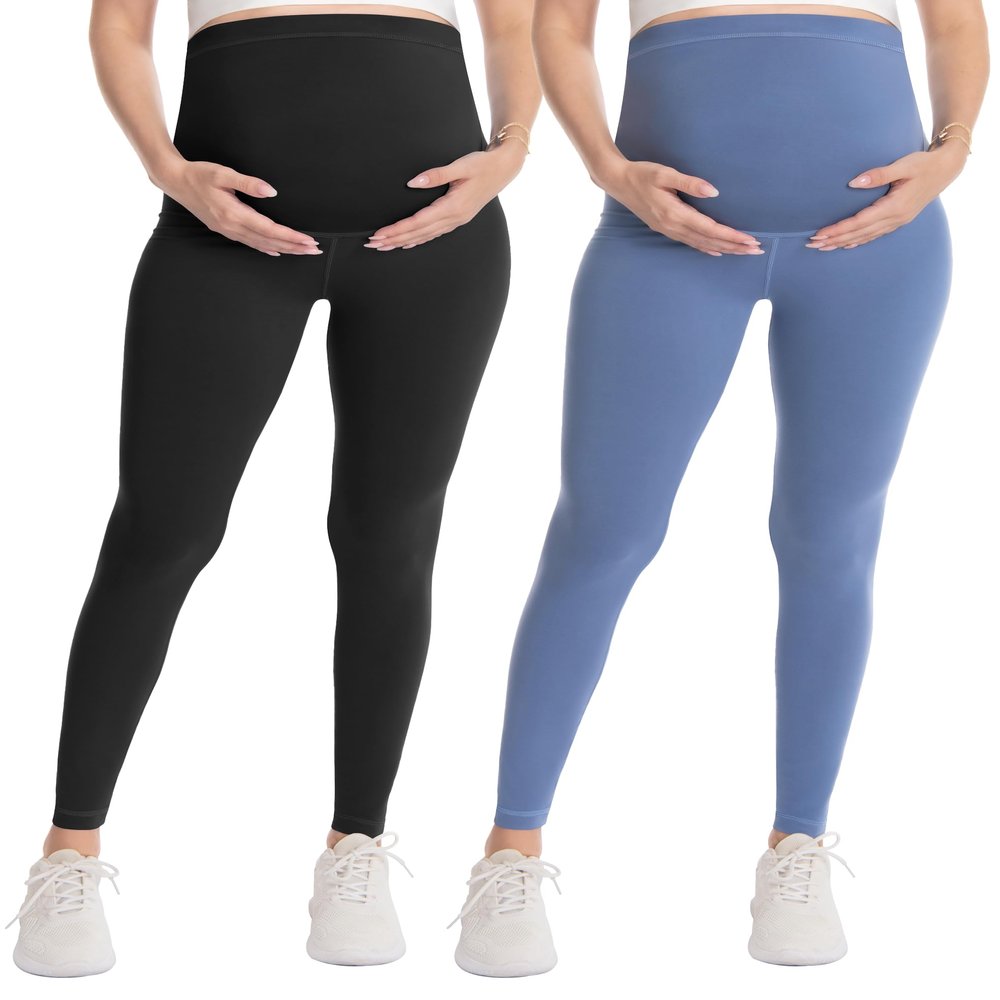 WELL&JUST Maternity Leggings Over The Belly - 2 Packs Ultra Soft & Breathable Pregnancy Active Wear for Workout Casual, High Waist Yoga Tights, XL