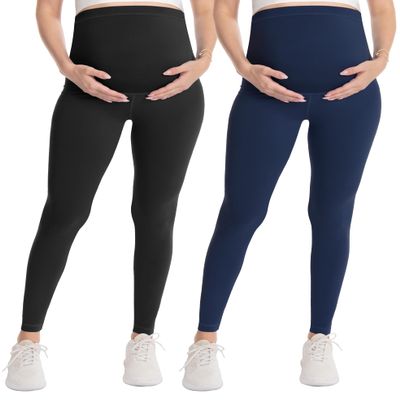 WELL&JUST Maternity Leggings Over The Belly - 2 Packs Ultra Soft & Breathable Pregnancy Active Wear for Workout Casual, High Waist Yoga Tights, M