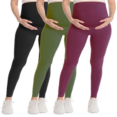 WELL&JUST Maternity Leggings Over The Belly - 3 Packs Ultra Soft & Breathable Pregnancy Active Wear for Workout Casual, High Waist Yoga Tights, S