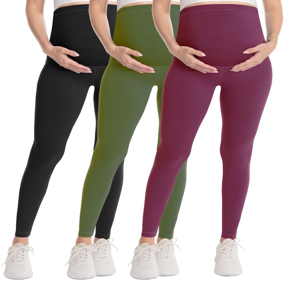 WELL&JUST Maternity Leggings Over The Belly - 3 Packs Ultra Soft & Breathable Pregnancy Active Wear for Workout Casual, High Waist Yoga Tights, S