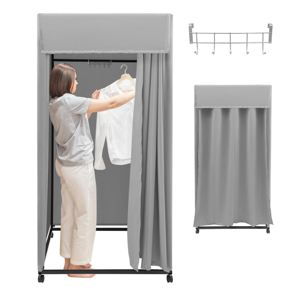 JAYGOVAN Clothing Store Fitting Room 393978 inch Clothing Store Fitting Room with Shading Curtain, Portable Temporary Mobile 95% Privacy Protection Dressing Room with Castors & Hanger (Grey)
