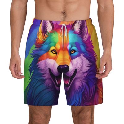 Sipumia Mens Wolf Printed Swimming Trunks with Compression Liner 2 in 1 Quick-Dry Beach Swim Shorts with Pockets Colour-04 XXL