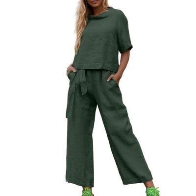 Women 2 Piece Cotton Linen Outfits Casual Short Sleeve Top Summer Plus Size Suits High Waist Wide Leg Pants Sets