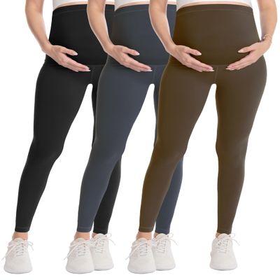 WELL&JUST Maternity Leggings Over The Belly - 3 Packs Ultra Soft & Breathable Pregnancy Active Wear for Workout Casual, High Waist Yoga Tights, L