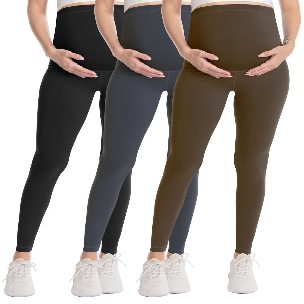 WELL&JUST Maternity Leggings Over The Belly - 3 Packs Ultra Soft & Breathable Pregnancy Active Wear for Workout Casual, High Waist Yoga Tights, L