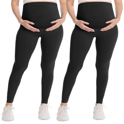 WELL&JUST Maternity Leggings Over The Belly - 2 Packs Ultra Soft & Breathable Pregnancy Active Wear for Workout Casual, High Waist Yoga Tights, XL