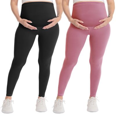WELL&JUST Maternity Leggings Over The Belly - 2 Packs Ultra Soft & Breathable Pregnancy Active Wear for Workout Casual, High Waist Yoga Tights, XL