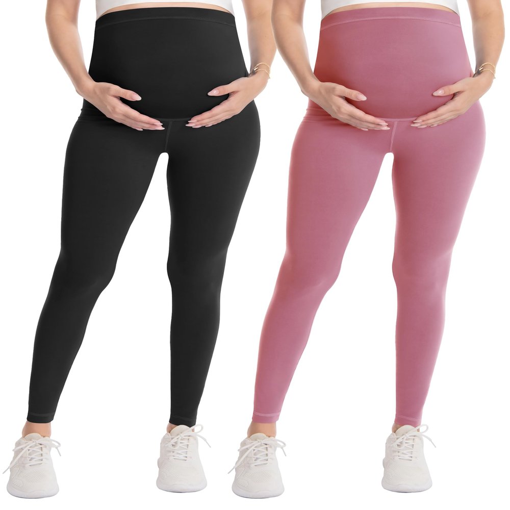 WELL&JUST Maternity Leggings Over The Belly - 2 Packs Ultra Soft & Breathable Pregnancy Active Wear for Workout Casual, High Waist Yoga Tights, XL