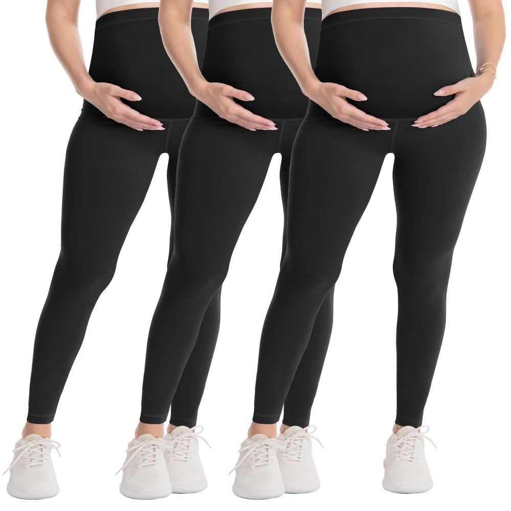 WELL&JUST Maternity Leggings Over The Belly - 3 Packs Ultra Soft & Breathable Pregnancy Active Wear for Workout Casual, High Waist Yoga Tights, L