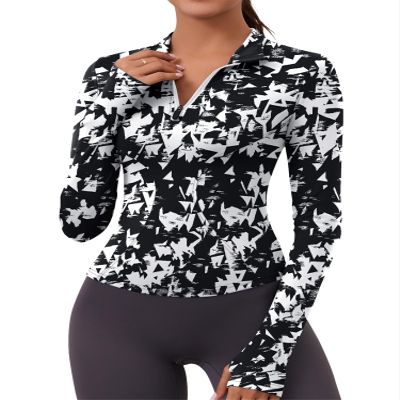 LOMON Workout Shirts Women Long Sleeve Yoga Tops Sports Running Shirts Half Zip Pullover Athletic Top Slim Fit Cropped(Black White,Medium)