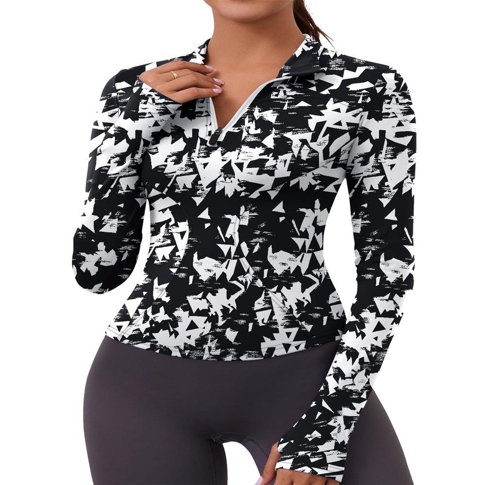 LOMON Workout Shirts Women Long Sleeve Yoga Tops Sports Running Shirts Half Zip Pullover Athletic Top Slim Fit Cropped(Black White,Medium)