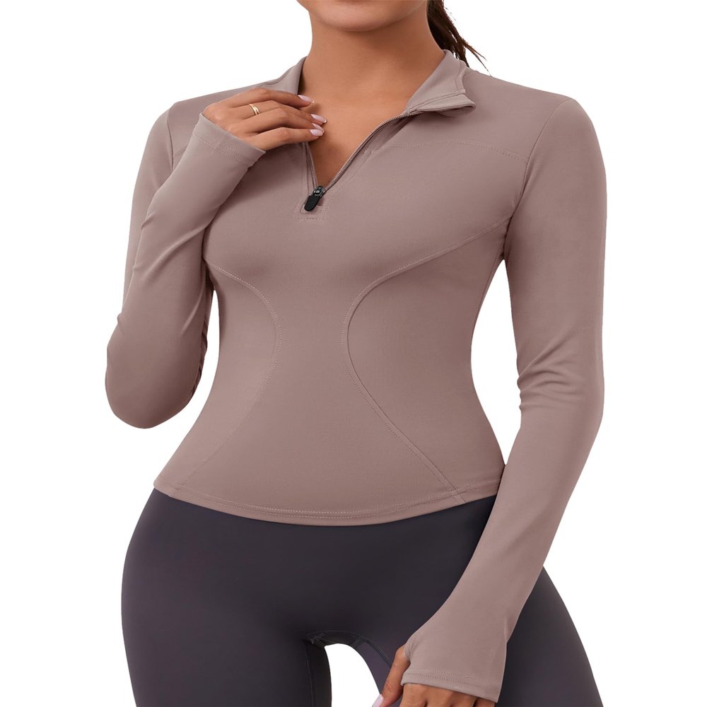 LOMON Womens Long Sleeve Workout Crop Tops Quick Dry Golf Shirt Quarter Zip Pullover Yoga Athletic Slim Fit Shirts(Brown Gray,Medium)