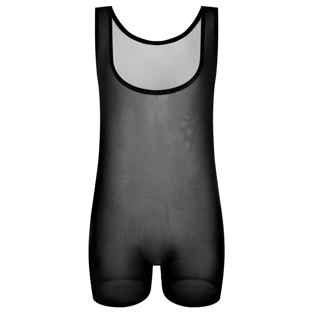 JEsilunmaMY Men's Mesh Sheer Boxer Bodysuit Sleeveless See Through Shapewear Slimming Breathable Comfortable Underwear (Black-1PC,Medium)