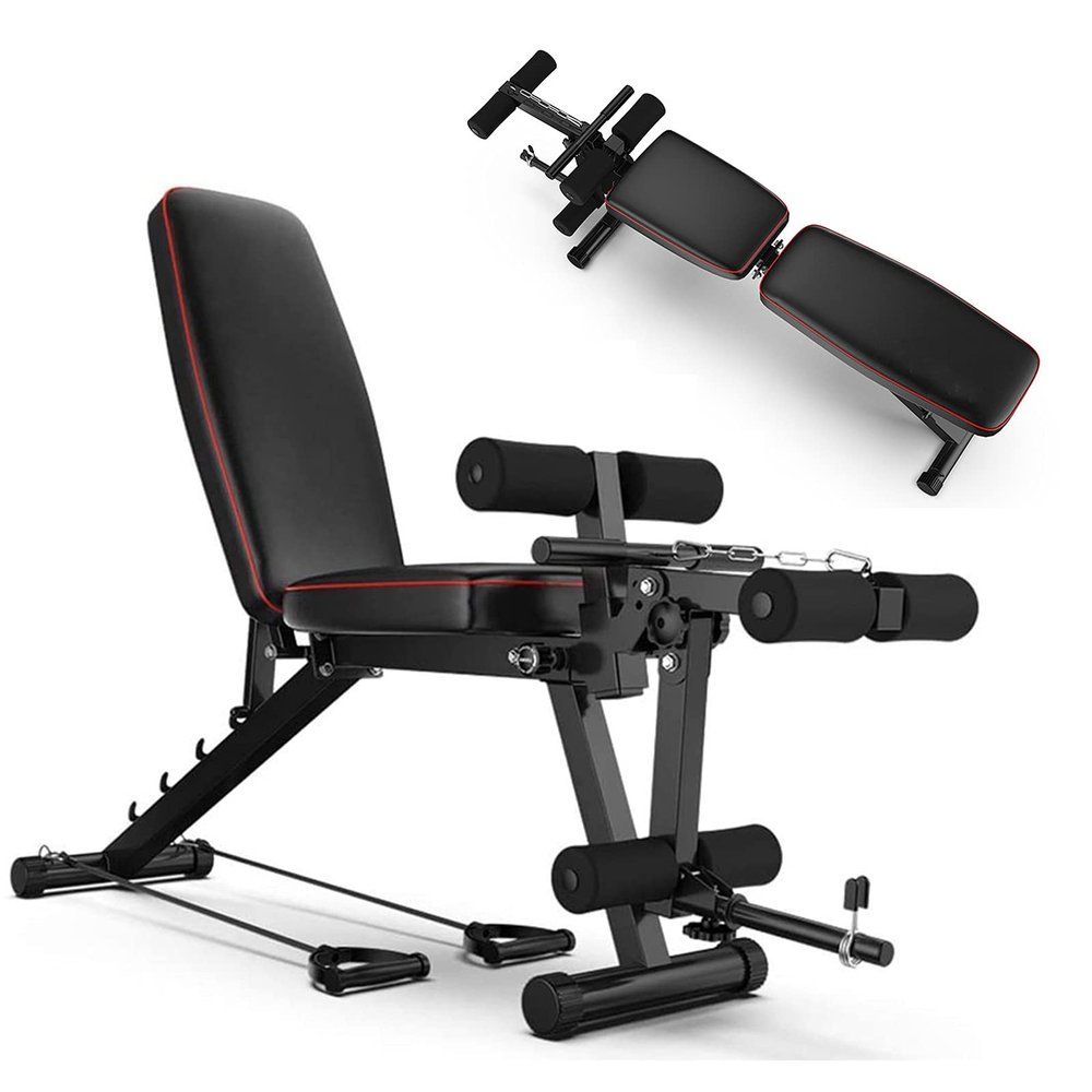 Exercise Bench for Home Foldable Adjustable Weight Bench with 4 Back Positions, Two Exercise Band, Full Body Weightlifting and Strength Training for Home Gym