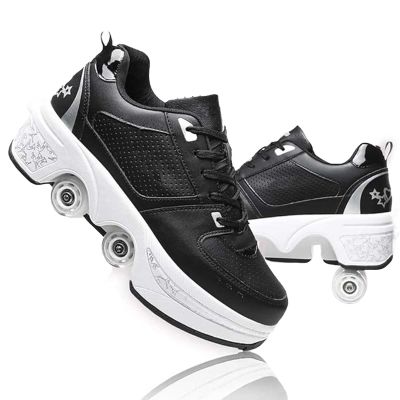 LrpoIv Roller Skate Shoes for Men and Women, Double-Row Deform Quad Roller Skates Invisible Pulley Shoes Skating Shoes Outdoor Sneakers for Youth Boys and Girls, Men and Women Black Silver, 9