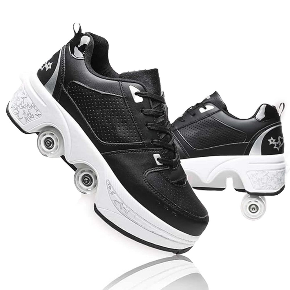 LrpoIv Roller Skate Shoes for Men and Women, Double-Row Deform Quad Roller Skates Invisible Pulley Shoes Skating Shoes Outdoor Sneakers for Youth Boys and Girls, Men and Women Black Silver, 9