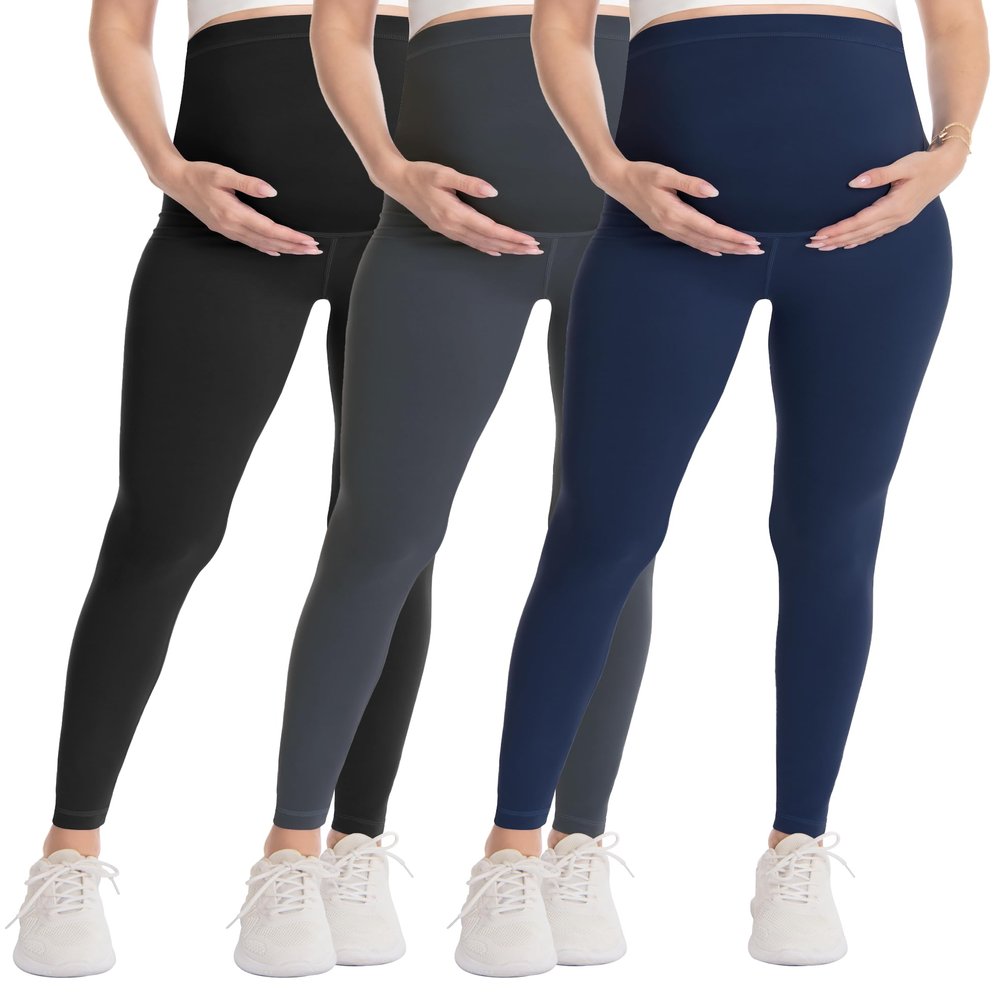 WELL&JUST Maternity Leggings Over The Belly - 3 Packs Ultra Soft & Breathable Pregnancy Active Wear for Workout Casual, High Waist Yoga Tights, S