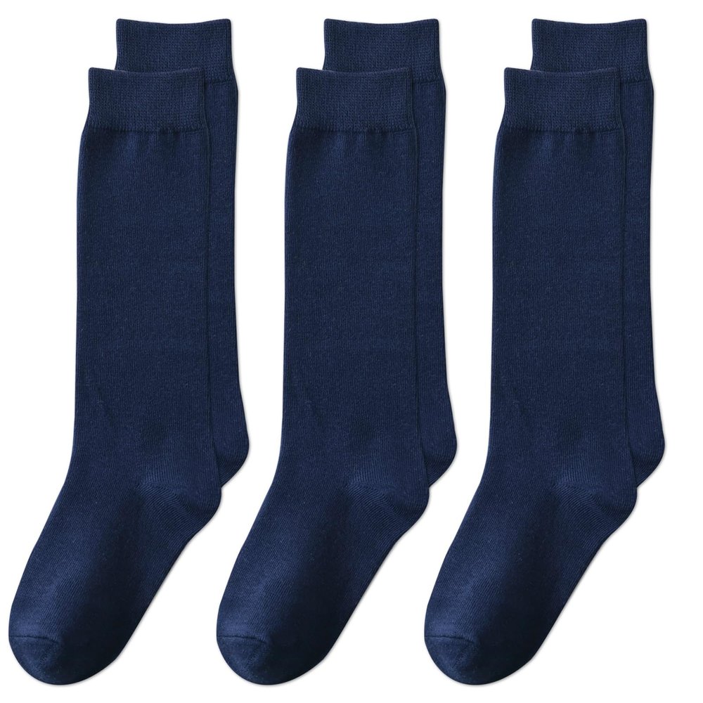 EPEIUS Kids Knee High Cotton School Uniform Socks - Tube Socks for Girls Boys 8-11 Years Old - White Long Navy Blue 3 Pack L