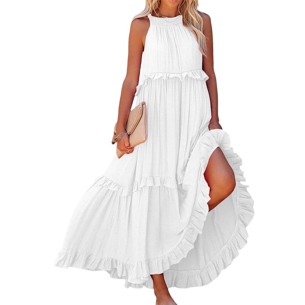 BIVENANT Sundresses for Women 2024 White Halter Neck Dresses for Women Long Ruffle Dress Plus Size Dresses for Curvy Women Chiffon Maxi Dress Pleated Maxi Dress Casual Maternity Dress,XL