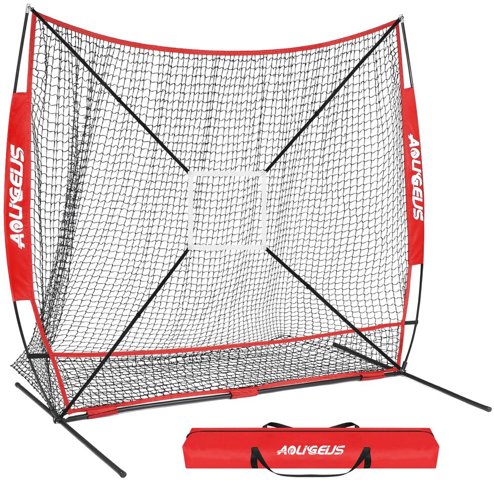 AOLIGEIJS 7'X7' Baseball Softball Practice Net,Pitching Net,Batting Net,with Large Ball Collection System,Baseball Pitching Kit - Batter Dummy,Bonus Strike Zone (Red Baseball Net ONLY)