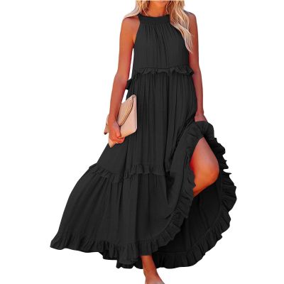 BIVENANT Halter Dresses for Women Black Sundresses for Women Sleeveless Dresses for Women 2024 Maternity Maxi Dress Swing Dress with Pockets Womens Long Dresses Summer,XL