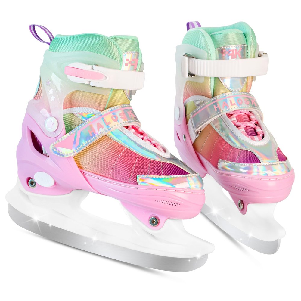 HALOSK Girls Ice Skates for Kids Boys, Adjustable Kids Skates for Outdoor Indoor Rink, Rainbow Soft and Comfortable Lining Ice Skating Shoes Ages 5-12 Youth (Rainbow Pink, Medium - Big Kids)