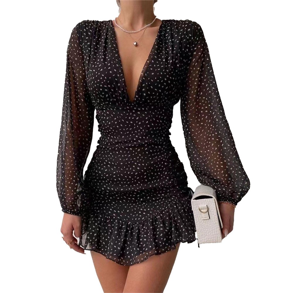 NineFit Basics Womens Swiss Dot Pleated A Line Flowy Dresses 2024 Fall Long Sleeve V Neck Dress Loose Ruffle Cute Mini Short Dress (Medium,Black)