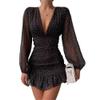 NineFit Basics Womens Swiss Dot Pleated A Line Flowy Dresses 2024 Fall Long Sleeve V Neck Dress Loose Ruffle Cute Mini Short Dress (Medium,Black) view 1
