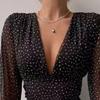 NineFit Basics Womens Swiss Dot Pleated A Line Flowy Dresses 2024 Fall Long Sleeve V Neck Dress Loose Ruffle Cute Mini Short Dress (Medium,Black) view 2
