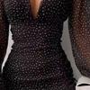 NineFit Basics Womens Swiss Dot Pleated A Line Flowy Dresses 2024 Fall Long Sleeve V Neck Dress Loose Ruffle Cute Mini Short Dress (Medium,Black) view 3
