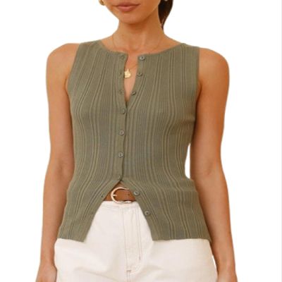 Adoeren Women Ribbed Knit Vest Crewneck Button Down Fitted Tank Stretchy Sleeveless Knitted Shirt Summer Streetwear(Green,M)