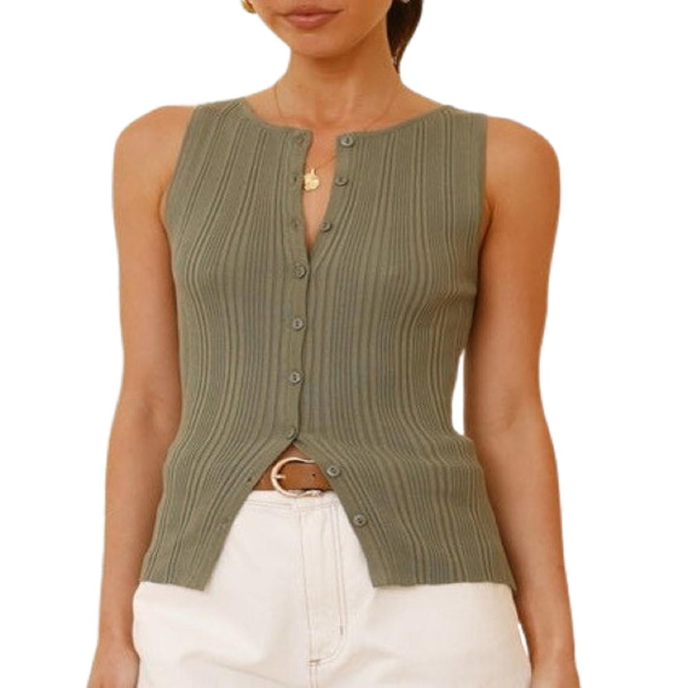 Adoeren Women Ribbed Knit Vest Crewneck Button Down Fitted Tank Stretchy Sleeveless Knitted Shirt Summer Streetwear(Green,M)
