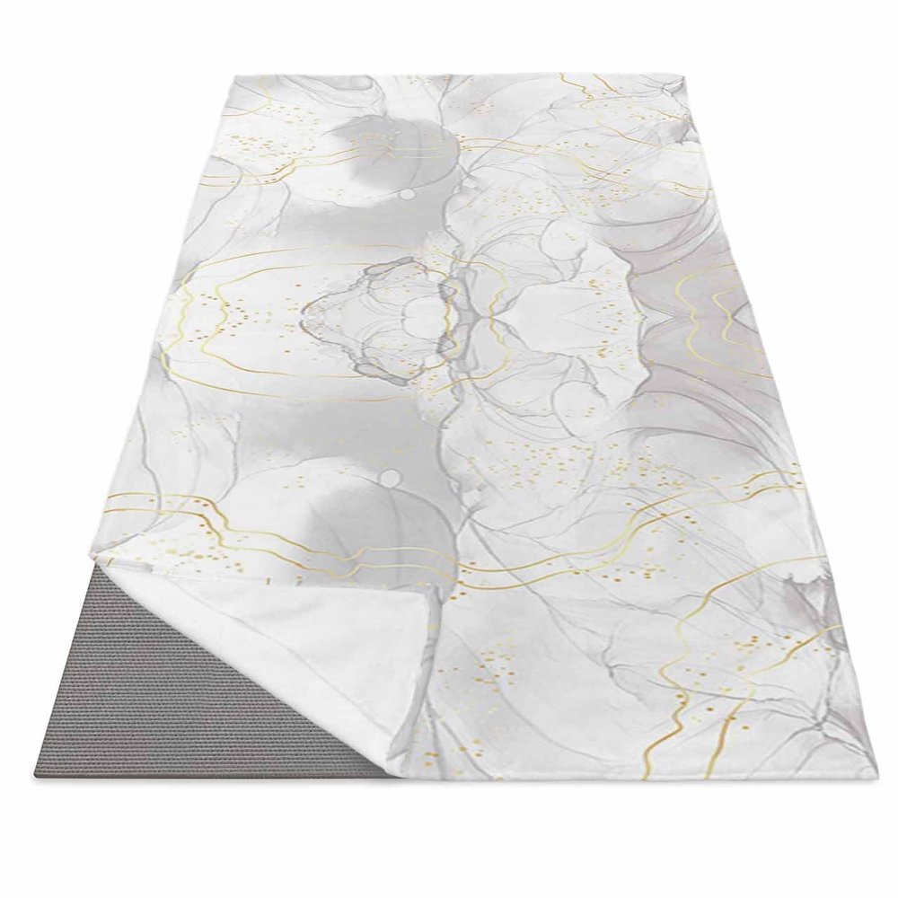 Yoga Mat Towel Abstract White and Gray Marble with Golden Line Non Slip Hot Yoga Mat Towel with Corner Pockets Absorbent Microfiber Yoga Towels for Hot Yoga, Bikram, Pilates, 26x70 Inch