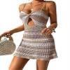 chouyatou Women's Sexy Spaghetti Strap Colorful Striped Crochet Dress Lace Up Cutout Beach Party Mini Dress (Large, Khaki) view 1