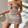 chouyatou Women's Sexy Spaghetti Strap Colorful Striped Crochet Dress Lace Up Cutout Beach Party Mini Dress (Large, Khaki) view 3
