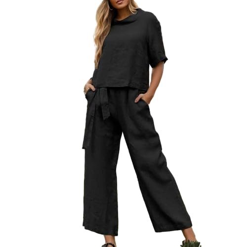 Women 2 Piece Cotton Linen Outfits Casual Short Sleeve Top Summer Plus Size Suits High Waist Wide Leg Pants Sets