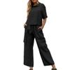 Women 2 Piece Cotton Linen Outfits Casual Short Sleeve Top Summer Plus Size Suits High Waist Wide Leg Pants Sets view 1