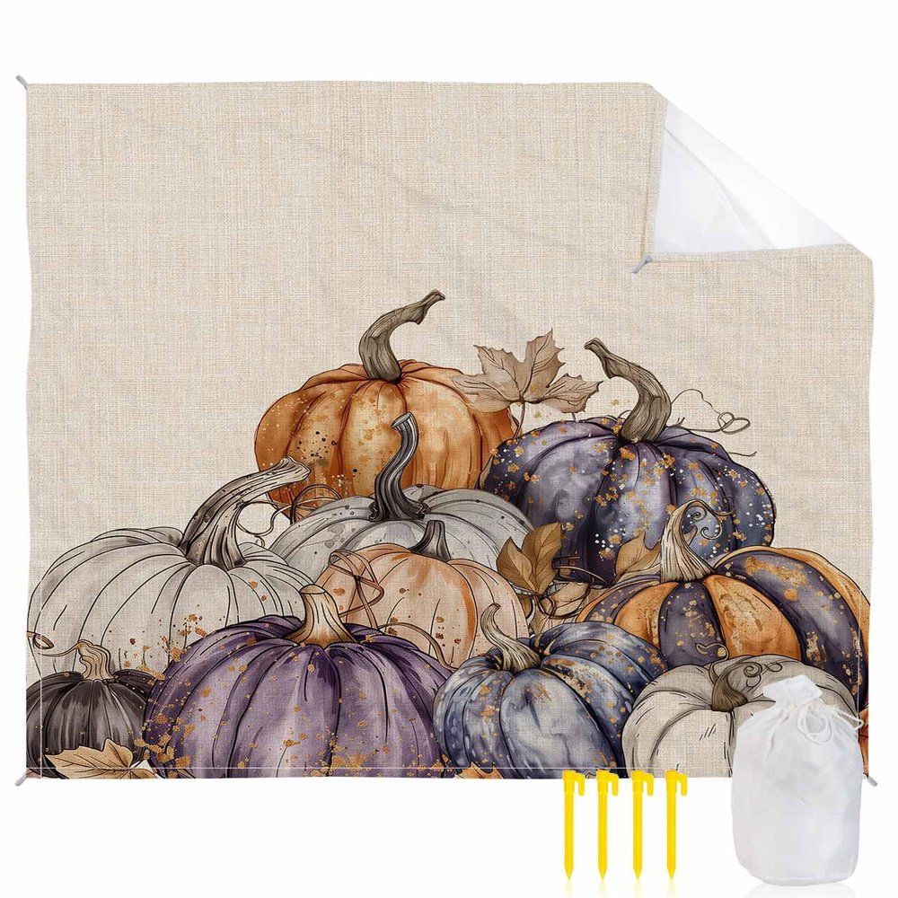 Beach Blanket Waterproof Sandproof Beach Mat,Fall Thanksgiving Watercolor Pumpkin Picnic Blankets with Sand Pockets and Stakes,Farm Harvest Retro Linen Outdoor Pad for Seaside,Travel,Camping,Hiking