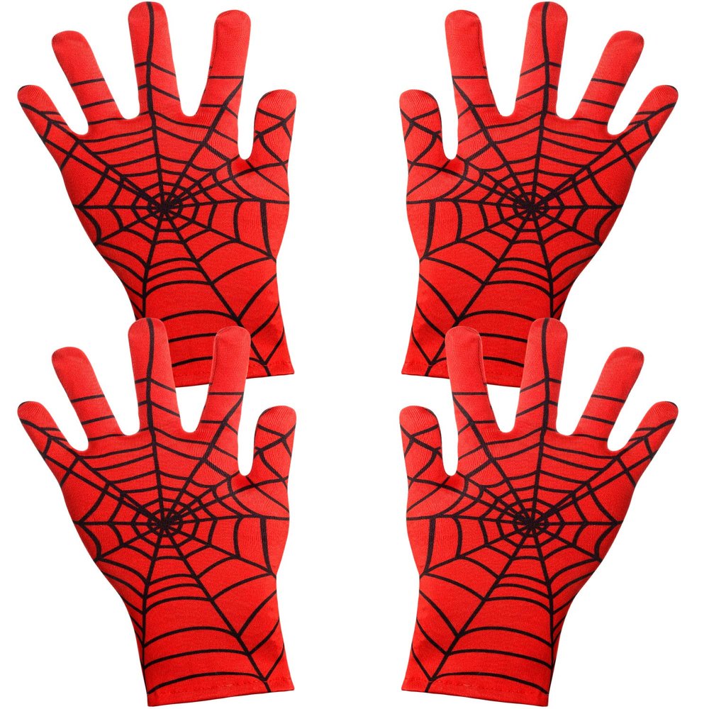 Geyoga 2 Pairs Spider Web Gloves Mardi Gras Spider Red and Black Gloves for Halloween Masquerade Homecoming Cosplay Gifts(Child)