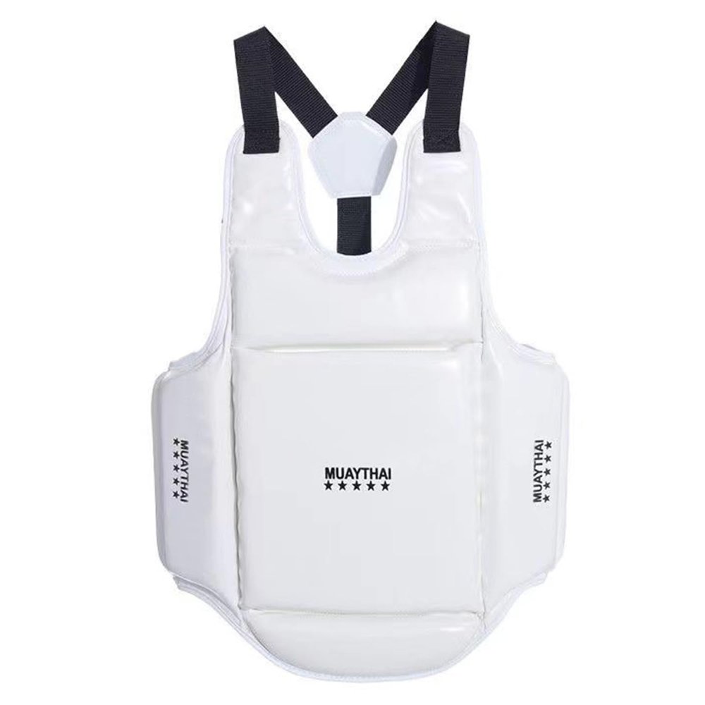 Boxing Chest Protector Training, PU Leather Thickened Adjustable Martial Arts Muay Thai MMA Taekwondo Karate Chest Protector (White,Medium)