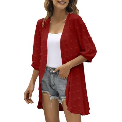 Cardigan for Womens 3/4 Sleeve Swiss Dots Kimono Lightweight Summer Chiffon Open Front Dusters Beach Cover Up Red