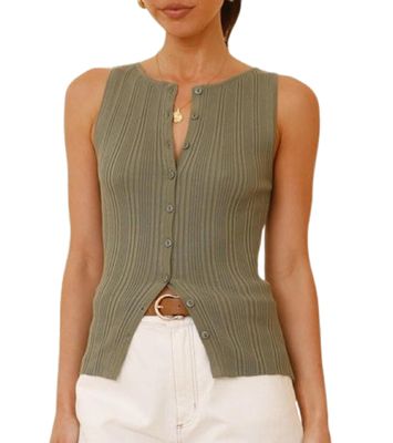 Adoeren Women Ribbed Knit Vest Crewneck Button Down Fitted Tank Stretchy Sleeveless Knitted Shirt Summer Streetwear(Green,L)