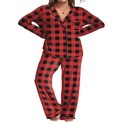 Ekouaer Womens Pajamas Set 2 Piece Button Down Pjs Soft Long Sleeve Top and Pants Sleepwear Set Lounge Sets Red Plaid S