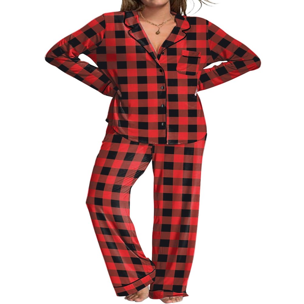 Ekouaer Womens Pajamas Set 2 Piece Button Down Pjs Soft Long Sleeve Top and Pants Sleepwear Set Lounge Sets Red Plaid S