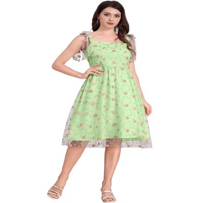 ODIZLI Women's 1950s Retro Vintage Dress Sleeveless Embroidered Floral Dress Wedding Guest Tea Party Dress A Line Midi Dress Summer Mesh Swing Dress Cocktail Cottagecore Dresses Green XL