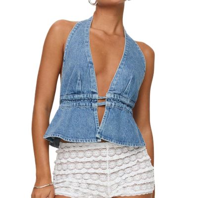 Women's Y2K Denim Tank Tops Tie-up Sleeveless Halter Jeans Tops Sexy Backless Denim Vest Going Out Tops Streetwear (Blue, XL)
