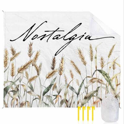 Beach Blanket Waterproof Sandproof Beach Mat,Autumn Gold Wheat Farm Harvest Picnic Blankets with Sand Pockets and Stakes,Watercolor Plants White Outdoor Pad for Seaside,Travel,Camping,Hiking