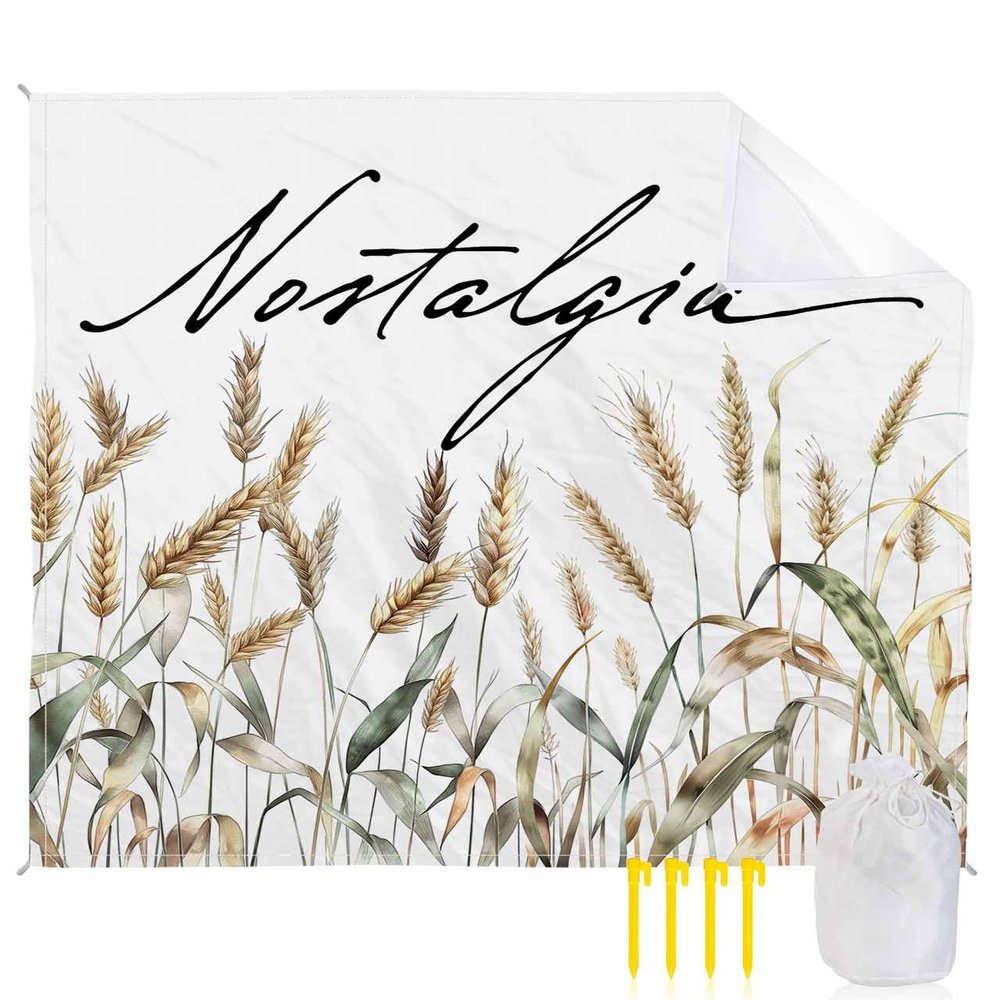 Beach Blanket Waterproof Sandproof Beach Mat,Autumn Gold Wheat Farm Harvest Picnic Blankets with Sand Pockets and Stakes,Watercolor Plants White Outdoor Pad for Seaside,Travel,Camping,Hiking