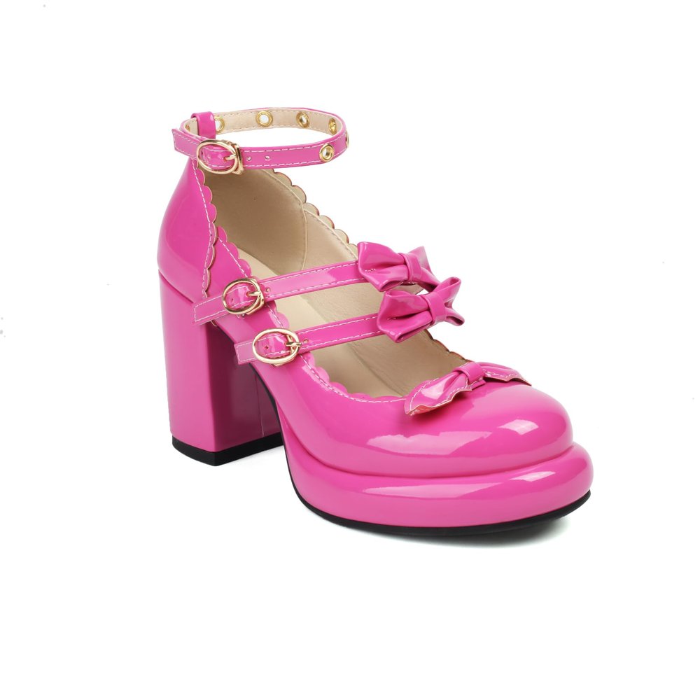 SACFOF Chunky High Heel Bow Pumps for Women Platform Round Toe Ankle Strap Mary Jane Patent Leather Dressy Shoes