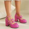 SACFOF Chunky High Heel Bow Pumps for Women Platform Round Toe Ankle Strap Mary Jane Patent Leather Dressy Shoes view 2
